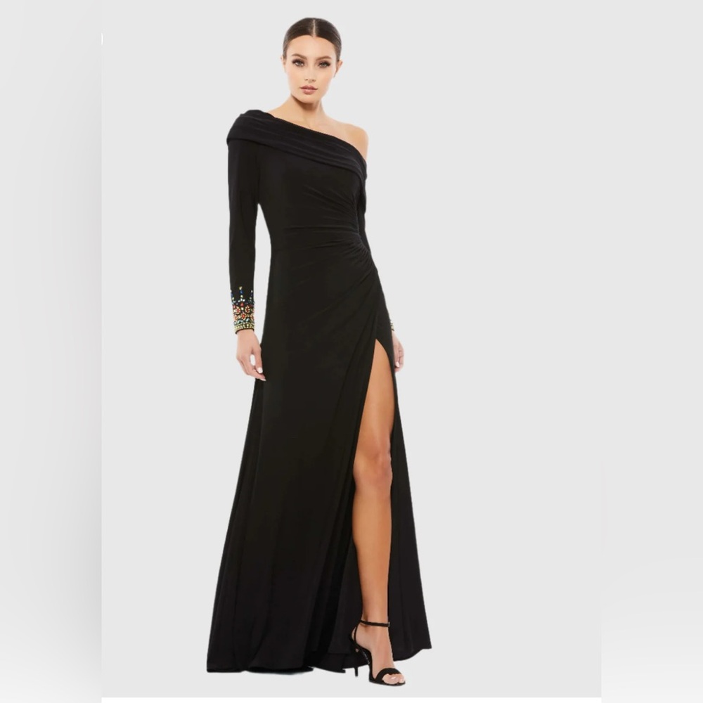 Mac Duggal Black One-Shoulder Beaded Cuff Evening Gown